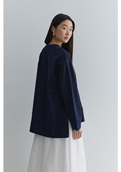 Baskılı Kalın Katlamalı Sweatshirt Lacivert