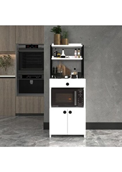 2 Kapaklı Beyaz Çekmeceli Çok Amaçlı Dolap Mutfak Bango Mikrodalga Fırın Mini Fırın Dolabı Alaçatı