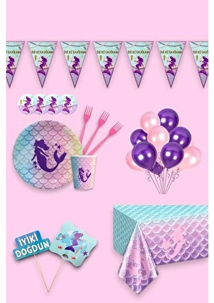 Deniz Kızı 16 Kişilik Konuşma Balonlu Doğum Günü Parti Seti