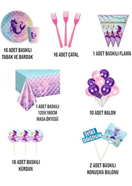 Deniz Kızı 16 Kişilik Konuşma Balonlu Doğum Günü Parti Seti fiyatları