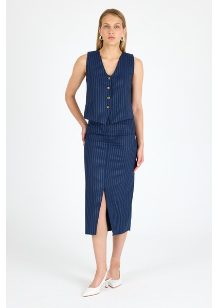 Yırtmaçlı Etek Yelek Takım Çizgili Kumaş Takım modelleri