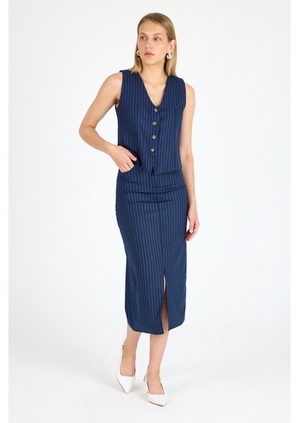 Yırtmaçlı Etek Yelek Takım Çizgili Kumaş Takım fırsatları