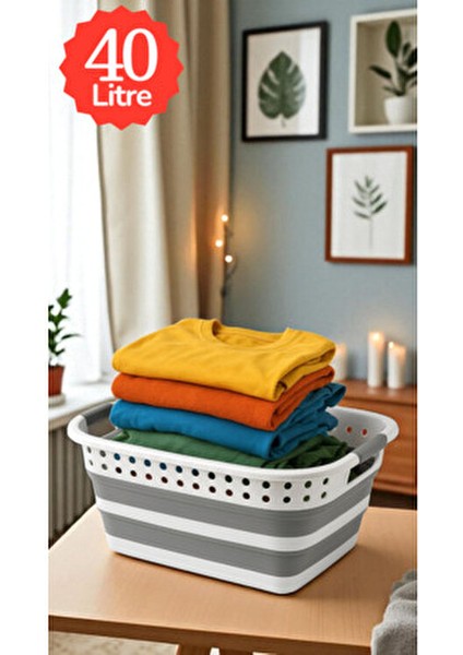 Katlanabilir Silikon Çamaşır Sepeti 40 lt Büyük Boy Portatif Plastik Malzeme ile