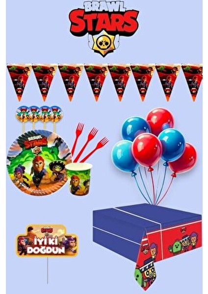 16 Kişilik Brawl Stars Konuşma Balonlu Doğum Günü Parti Seti Renkli 120x180cm Masa Örtüsü ile