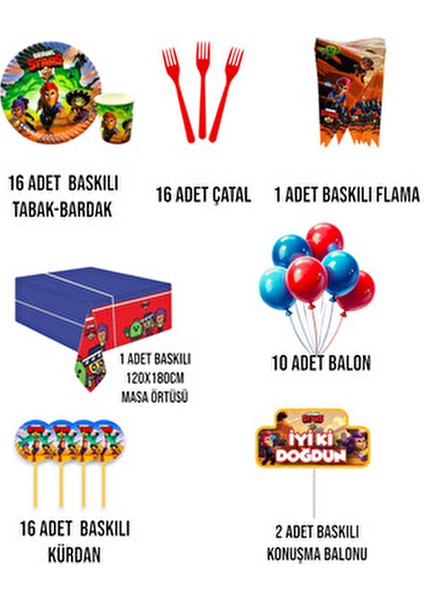 16 Kişilik Brawl Stars Konuşma Balonlu Doğum Günü Parti Seti Renkli 120x180cm Masa Örtüsü ile fiyatları
