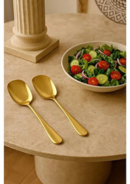 Pratik 2 Adet Paslanmaz Gold Çelik Lüx Servis Salata Kaşığı Spatula Çelik Yemek Servis Kaşığı 21CM