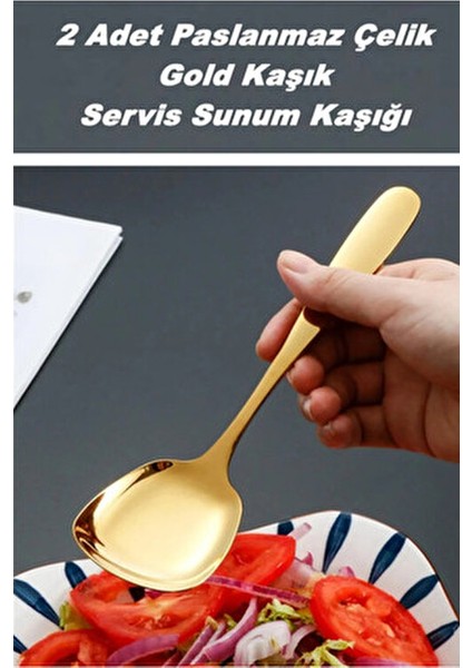 Pratik 2 Adet Paslanmaz Gold Çelik Lüx Servis Salata Kaşığı Spatula Çelik Yemek Servis Kaşığı 21CM fiyatları