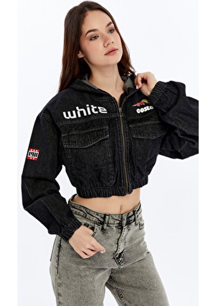 Kadın Baskılı Kapüşonlu Kot Ceket Ön Büyük Iki Cep Bel ve Kol Lastikli Bomber Mont Ceket