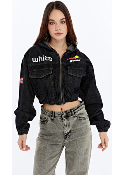 Kadın Baskılı Kapüşonlu Kot Ceket Ön Büyük Iki Cep Bel ve Kol Lastikli Bomber Mont Ceket fiyatları