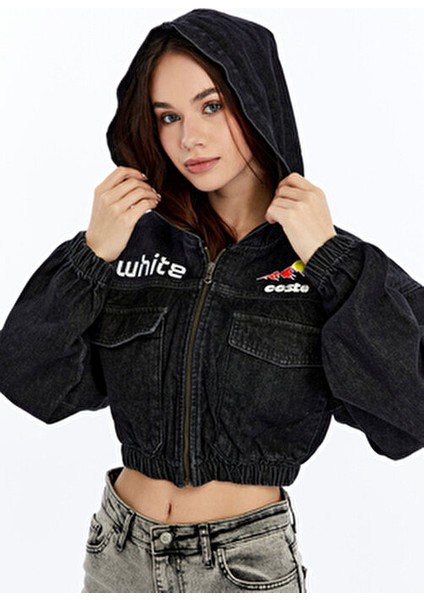 Kadın Baskılı Kapüşonlu Kot Ceket Ön Büyük Iki Cep Bel ve Kol Lastikli Bomber Mont Ceket fırsatları