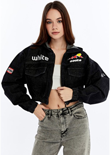 Kadın Baskılı Kapüşonlu Kot Ceket Ön Büyük Iki Cep Bel ve Kol Lastikli Bomber Mont Ceket indirimleri