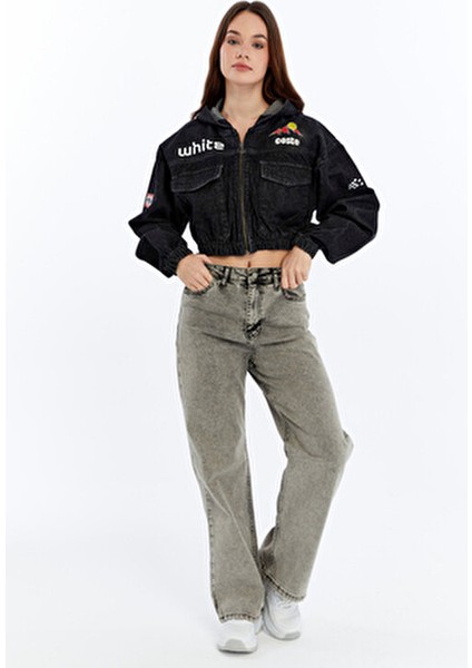 Kadın Baskılı Kapüşonlu Kot Ceket Ön Büyük Iki Cep Bel ve Kol Lastikli Bomber Mont Ceket