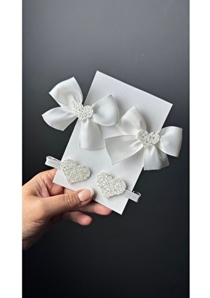 Beyaz Kız Çocuk Toka Seti Kalpli & Kalp Klips ile Şık Bebek Kurdele Aksesuarı