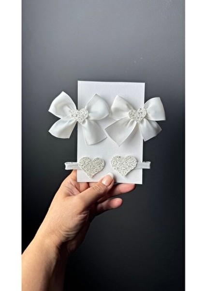 Beyaz Kız Çocuk Toka Seti Kalpli & Kalp Klips ile Şık Bebek Kurdele Aksesuarı fiyatları