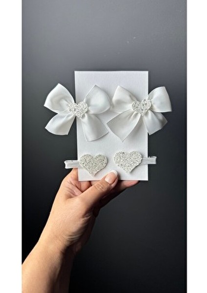 Beyaz Kız Çocuk Toka Seti Kalpli & Kalp Klips ile Şık Bebek Kurdele Aksesuarı modelleri