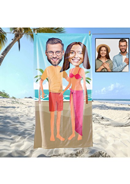 Kişiye Özel Karikatür Fotoğraflı Sevgili Çift Tatilde Plaj ve Spor Havlusu 115049