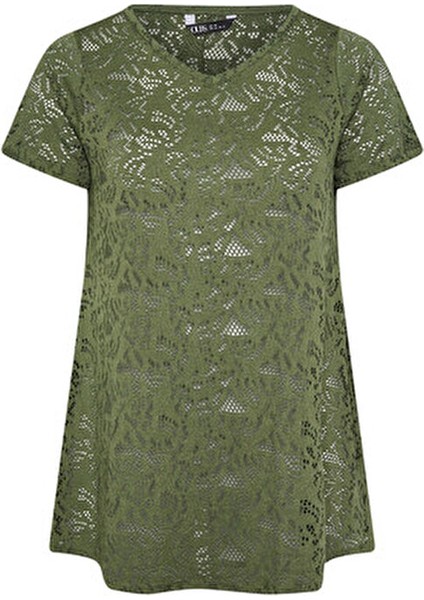 Kadın Büyük Beden V Yaka Kolsuz Dantel T-Shirt 304091 Dokuma Malzemeden