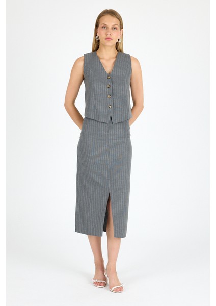 Yırtmaçlı Etek Yelek Takım Çizgili Kumaş Takım