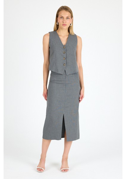 Yırtmaçlı Etek Yelek Takım Çizgili Kumaş Takım modelleri