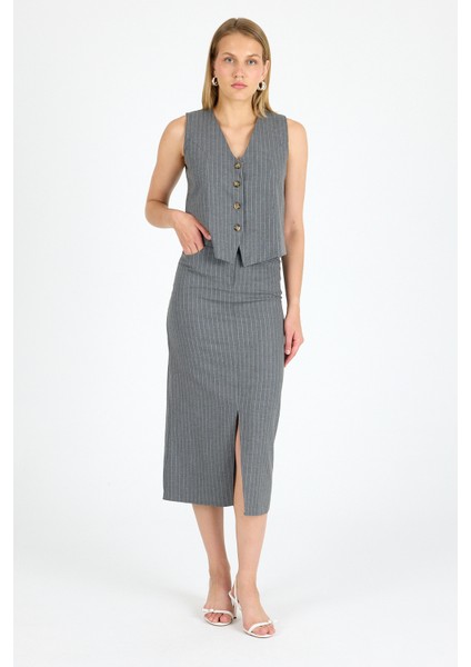 Yırtmaçlı Etek Yelek Takım Çizgili Kumaş Takım fırsatları