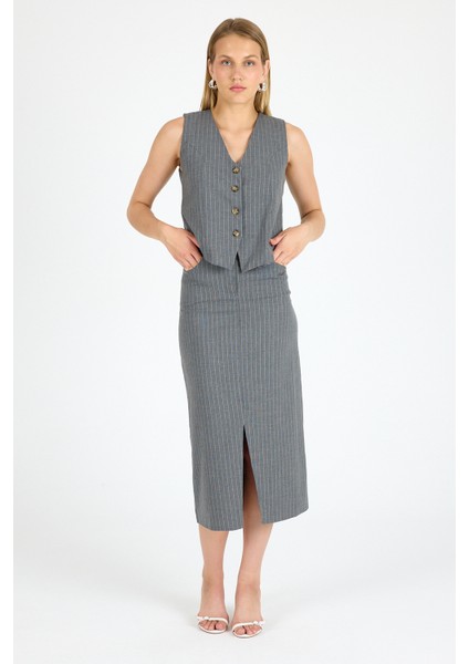 Yırtmaçlı Etek Yelek Takım Çizgili Kumaş Takım indirimleri