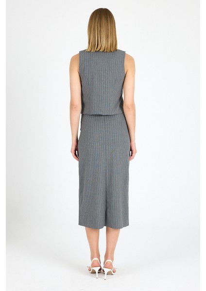 Yırtmaçlı Etek Yelek Takım Çizgili Kumaş Takım