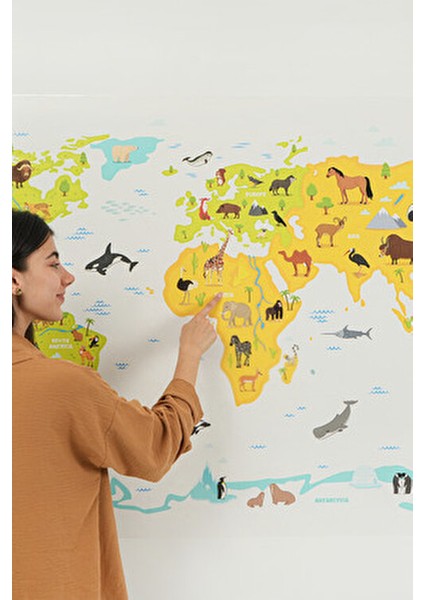 Şeffaf Hayvanlı Dünya Haritası 65 X 98 cm Kalem Hediyeli Renkli Eğlenceli Tasarım