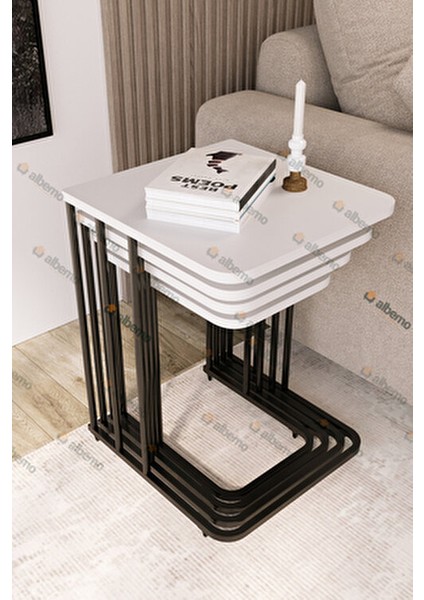 Orkide Tekerlekli 4 Lü Zigon Sehpa Siyah - Parlak Beyaz Mdf