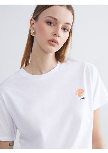 Yeni Sezon Bisiklet Yaka Nakışlı Kadın Tişört