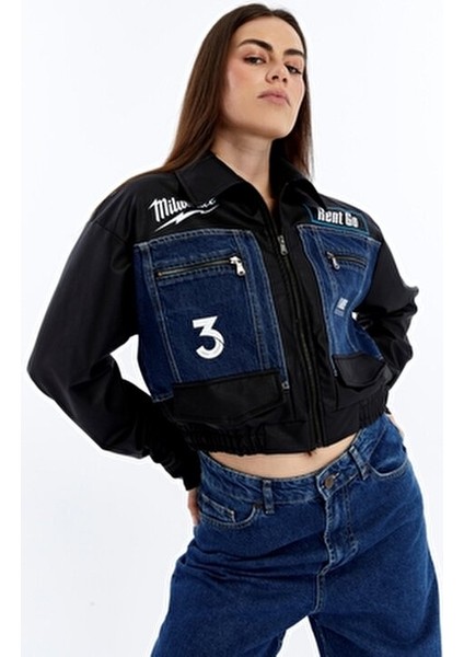 Kadın Oversize Kot Ceket Kolları Deri Garnili Motorcu Montu Baskılı Yarışçı Kolej Bomber Ceket