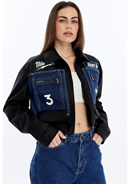 Kadın Oversize Kot Ceket Kolları Deri Garnili Motorcu Montu Baskılı Yarışçı Kolej Bomber Ceket fiyatları