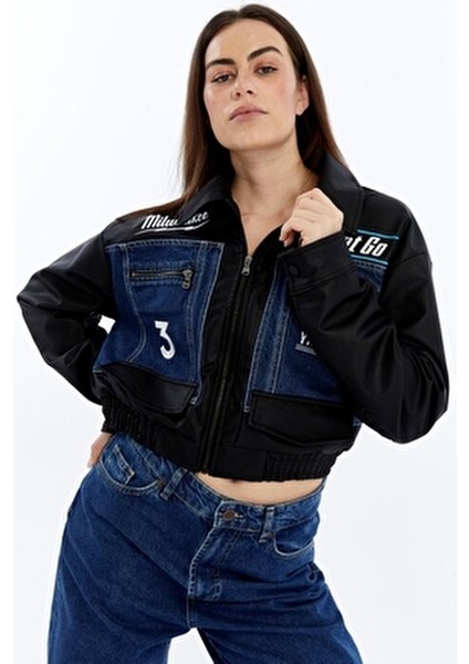 Kadın Oversize Kot Ceket Kolları Deri Garnili Motorcu Montu Baskılı Yarışçı Kolej Bomber Ceket fırsatları