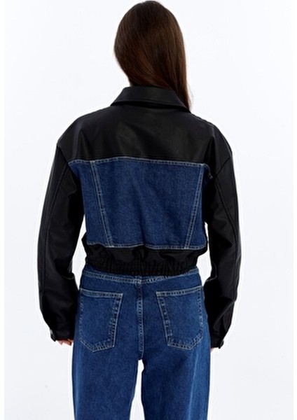 Kadın Oversize Kot Ceket Kolları Deri Garnili Motorcu Montu Baskılı Yarışçı Kolej Bomber Ceket