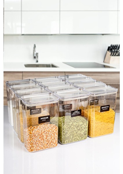 12'li Vakumlu Kapaklı Akrilik Erzak Saklama Kavanozu Kabı ve Kutusu 3 Litre Etiketli