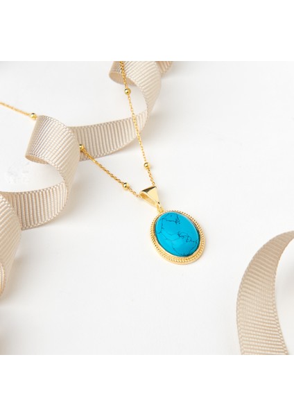 925 Ayar Sarı Altın Kaplama Firuze Taşlı Gümüş Kolye