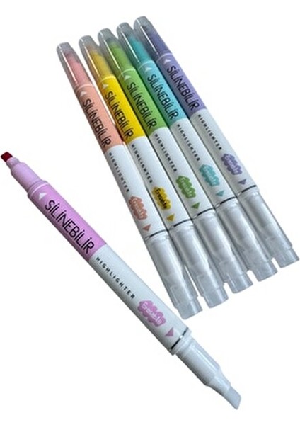 Silinebilir Fosforlu Kalem Seti, 6 Renk, Çift Uçlu Pastel Renkli Işaretleyici