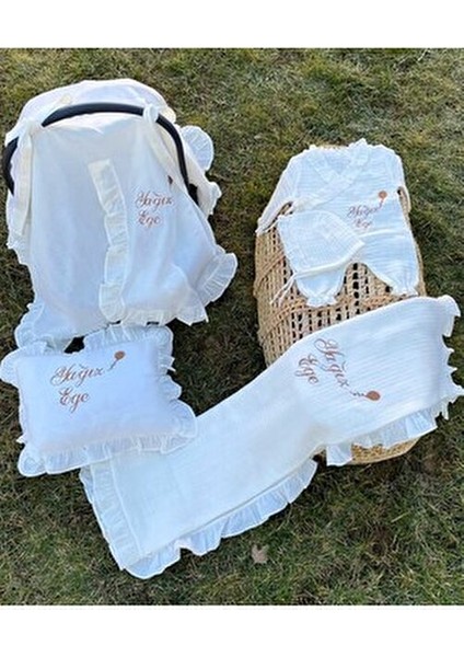 Isime Özel Nakışlı 5'li Hastane Çıkış Seti (Müslin Tulum Set, Battaniye, Puset Örtüsü)