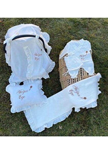Isime Özel Nakışlı 5'li Hastane Çıkış Seti (Müslin Tulum Set, Battaniye, Puset Örtüsü) modelleri