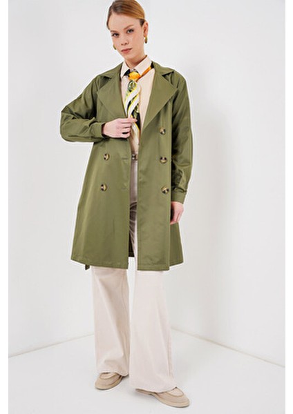 Kruvaze Yaka Kısa Trençkot Kadın Haki Denim Malzeme ile Şık Tasarım fiyatları