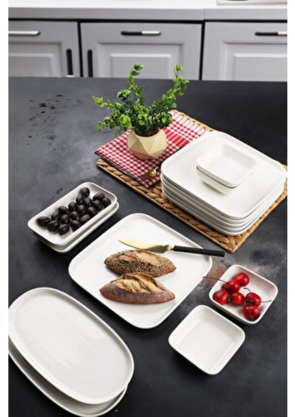 Etka Porselen Serisi 14 Parça 6 Kişilik Beyaz Kare Oval Kenar Kahvaltı Takımı Seti