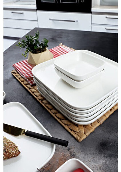 Etka Porselen Serisi 14 Parça 6 Kişilik Beyaz Kare Oval Kenar Kahvaltı Takımı Seti fiyatları