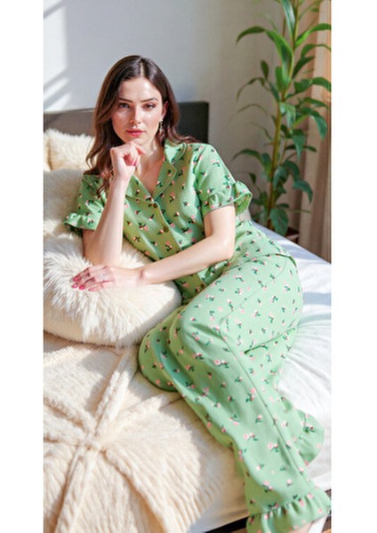 Kadın Yeşil Çiçekli Pijama Takımı Gömlek Yaka Kısa Kol Tasarım modelleri