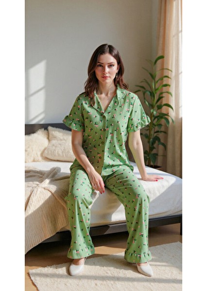 Kadın Yeşil Çiçekli Pijama Takımı Gömlek Yaka Kısa Kol Tasarım fırsatları