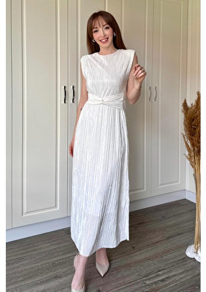 Vatkalı Krinkıl Midi Bel Detaylı Beyaz Elbise fiyatları