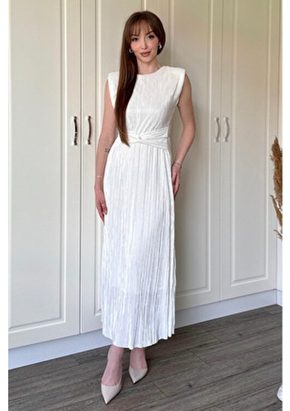 Vatkalı Krinkıl Midi Bel Detaylı Beyaz Elbise indirimleri