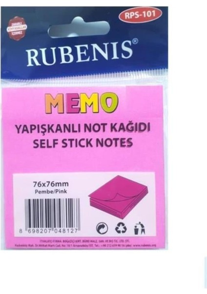 Rubenis Post-It 76X76 mm Yapışkanlı Fosforlu Pembe