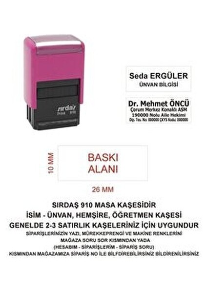 910 İsim Ünvan Kaşesi Pembe Renk 10 mm x 26 mm Ölçülerinde 1 Adet