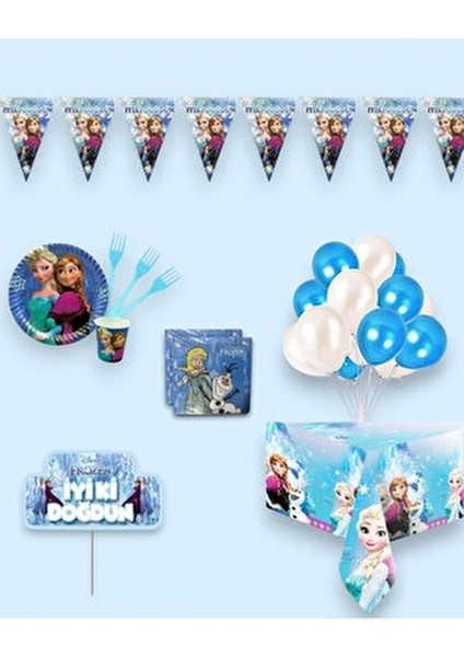 Frozen Elsa Karlar Ülkesi 24 Kişilik Doğum Günü Parti Seti Mavi Renkli Eğlenceli Süslemeler