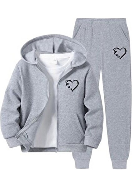 Kalp Baskılı Fermuarlı Kız Çocuk Alt Üst Eşofman Takımı