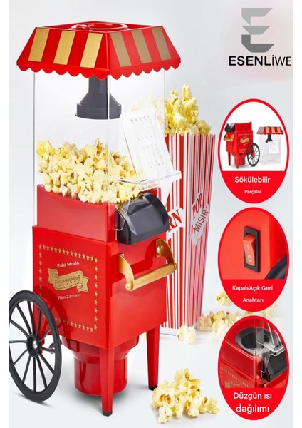 Popcorn Mısır Patlatma Makinesi Şık Tasarım 3dk Hazır 1200W Yağsız Mısır Makinesi